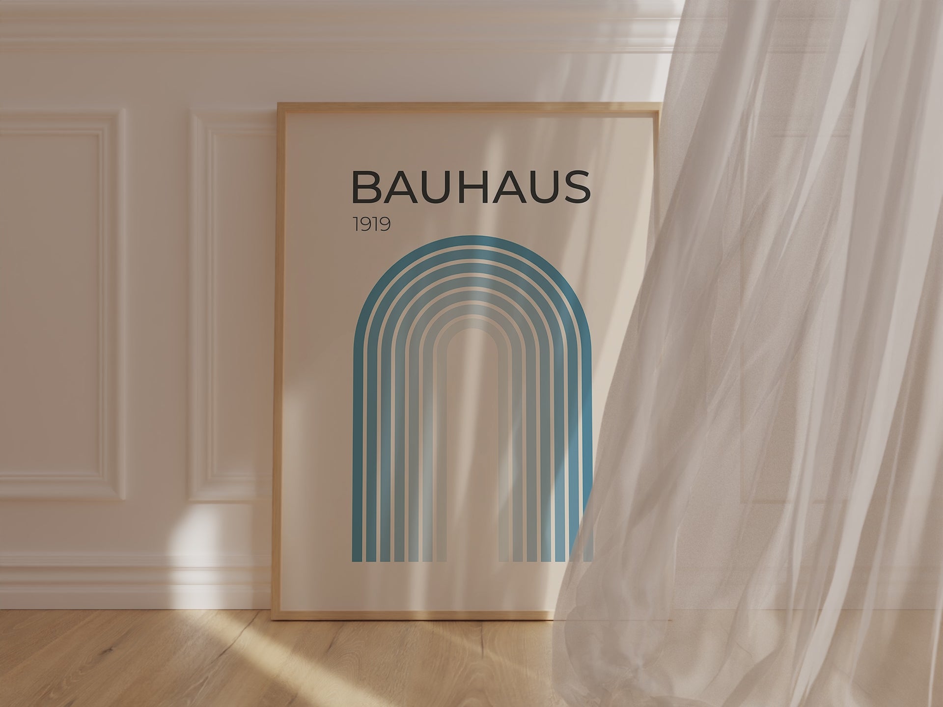 Bauhaus wall art print featuring blue gradient arch design, modern minimalist style for home decor.
