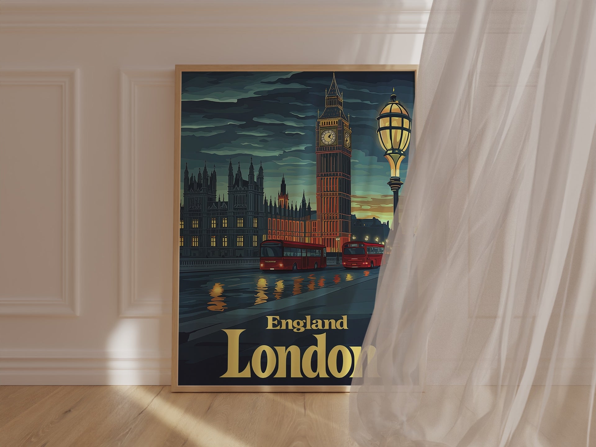 Vintage travel poster of London showcasing Big Ben, red double-decker buses, and the Thames river at twilight.