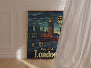 Vintage travel poster of London showcasing Big Ben, red double-decker buses, and the Thames river at twilight.