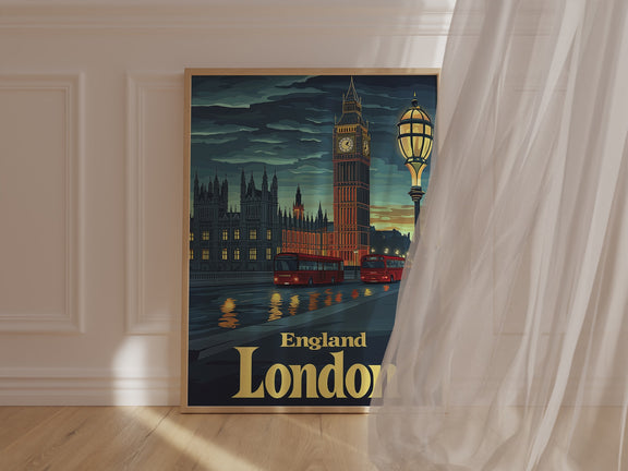 Vintage travel poster of London showcasing Big Ben, red double-decker buses, and the Thames river at twilight.