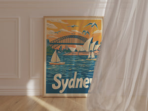Vibrant travel wall art featuring Sydney Opera House, Harbour Bridge, and sailboats against a sunset backdrop.