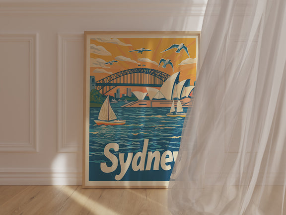 Vibrant travel wall art featuring Sydney Opera House, Harbour Bridge, and sailboats against a sunset backdrop.