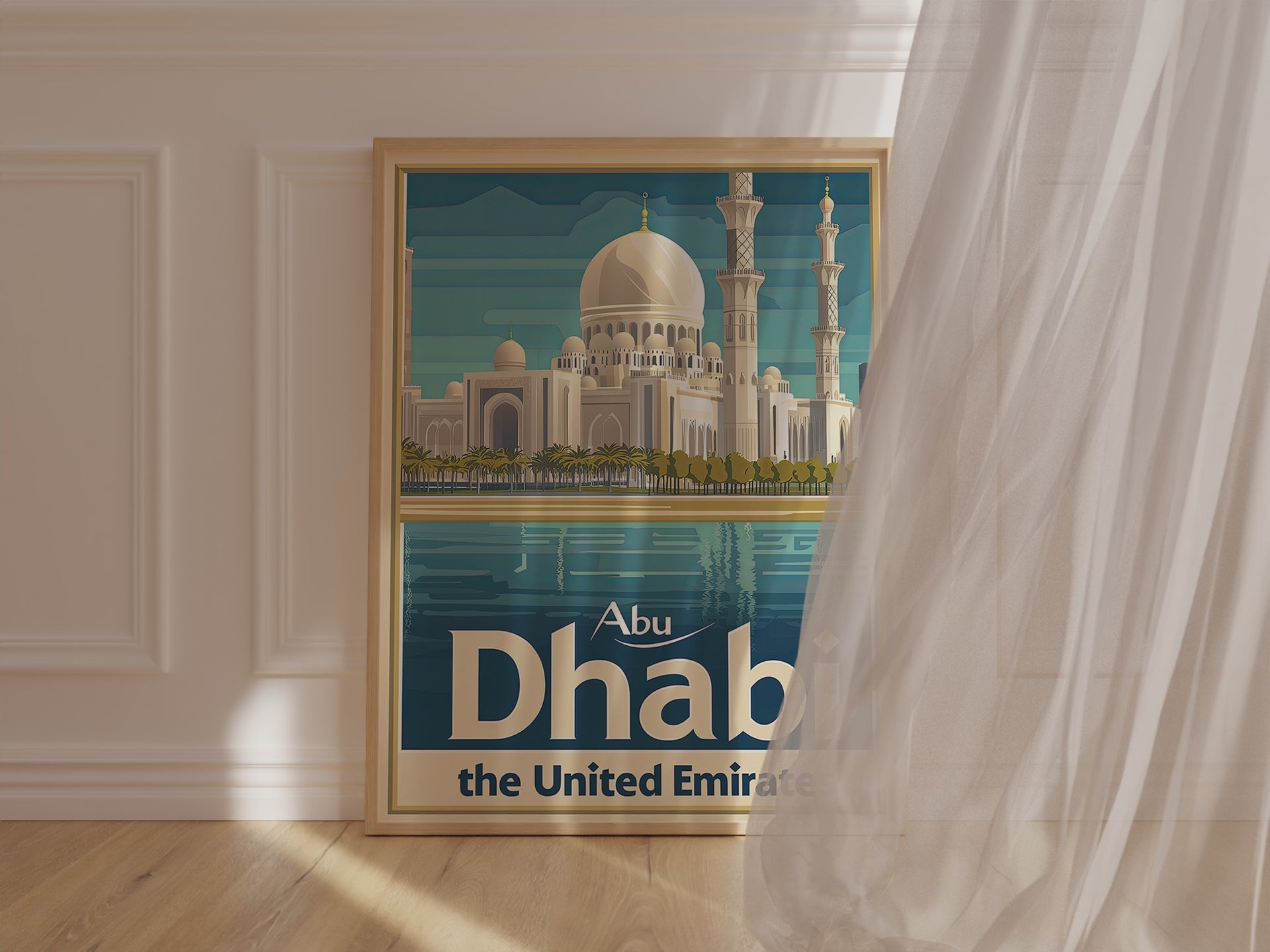 Vintage travel poster of Abu Dhabi skyline featuring Sheikh Zayed Grand Mosque and tranquil waters.