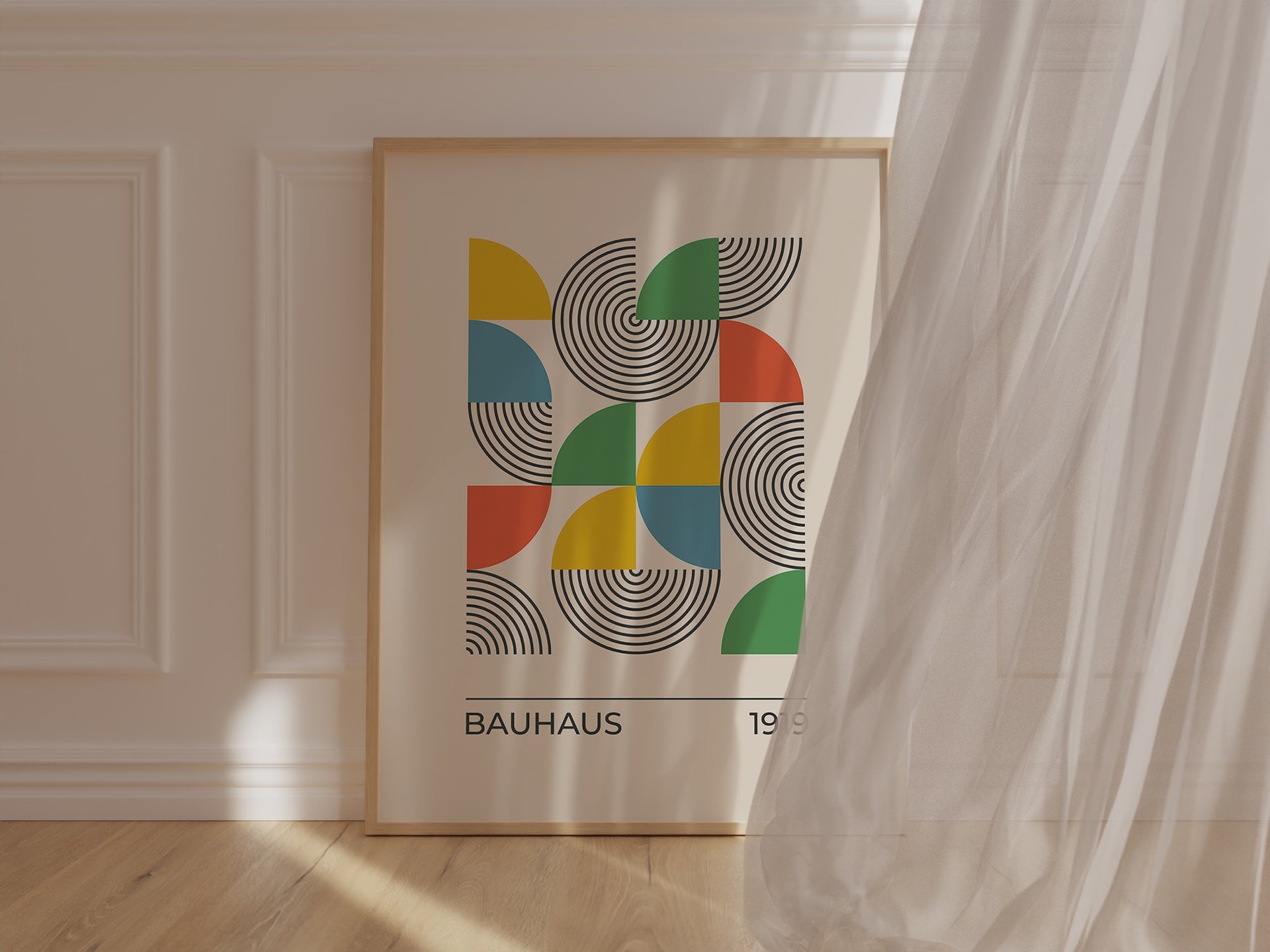 Bauhaus No. 19 art print featuring geometric shapes and vibrant colors in a modern design.