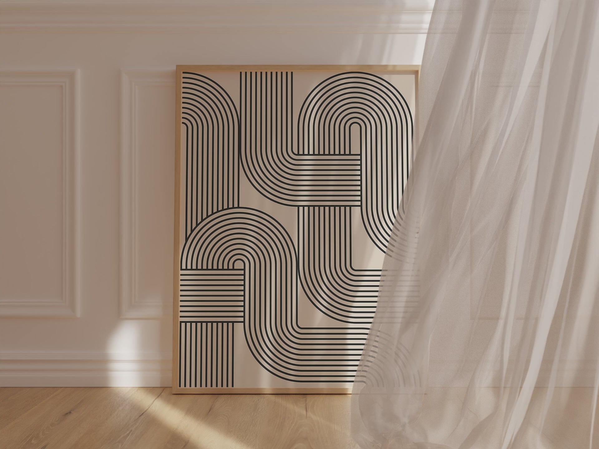 Bauhaus-inspired wall art print 'Loop Logic' featuring hypnotic black line patterns in a modern interior setting.
