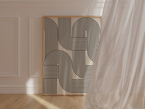 Bauhaus-inspired wall art print 'Loop Logic' featuring hypnotic black line patterns in a modern interior setting.