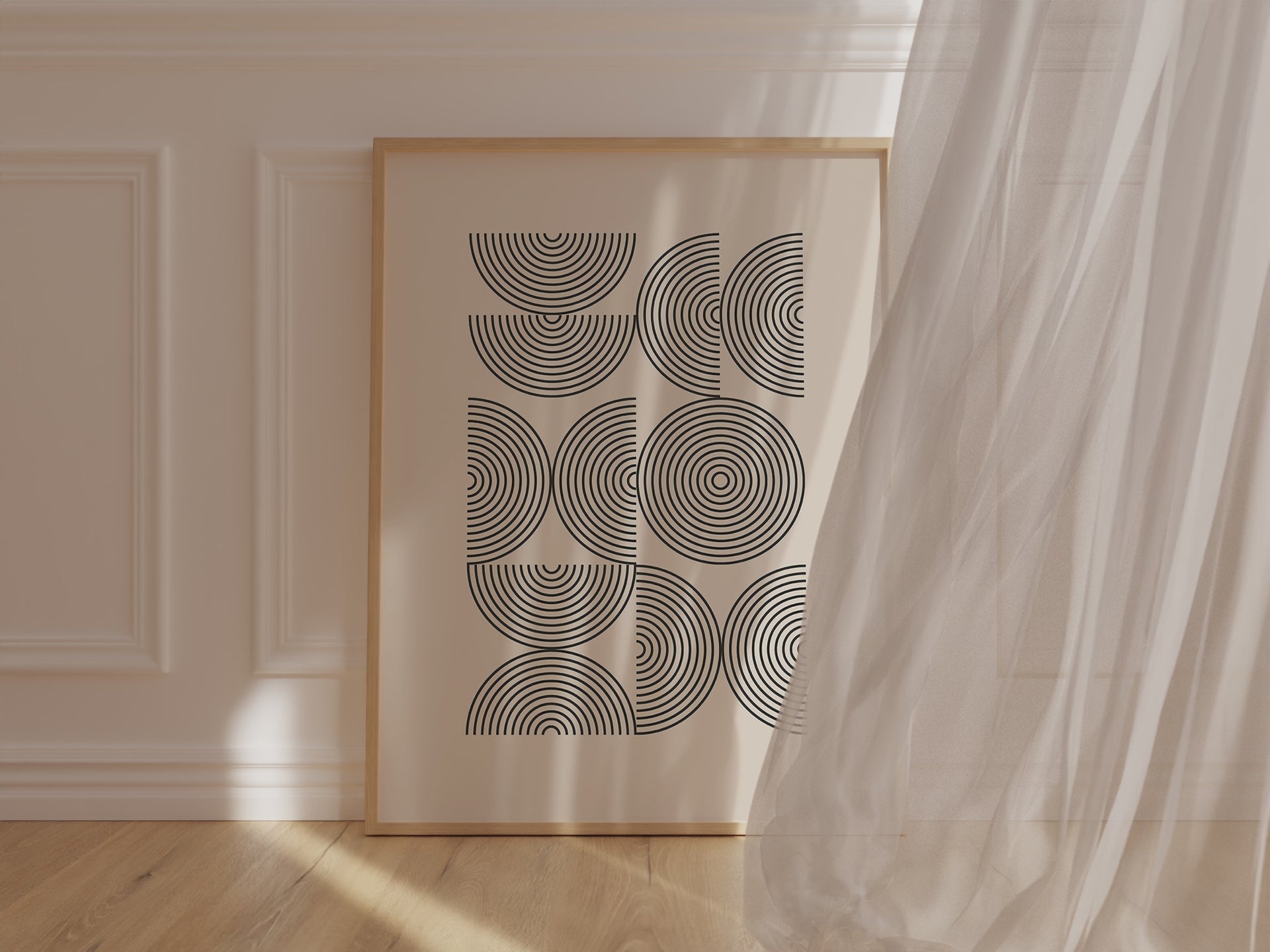 Bauhaus-inspired art print 'Structured Echoes' featuring bold geometric concentric arcs against a minimalist background.