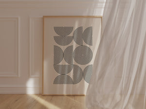 Bauhaus-inspired art print 'Structured Echoes' featuring bold geometric concentric arcs against a minimalist background.