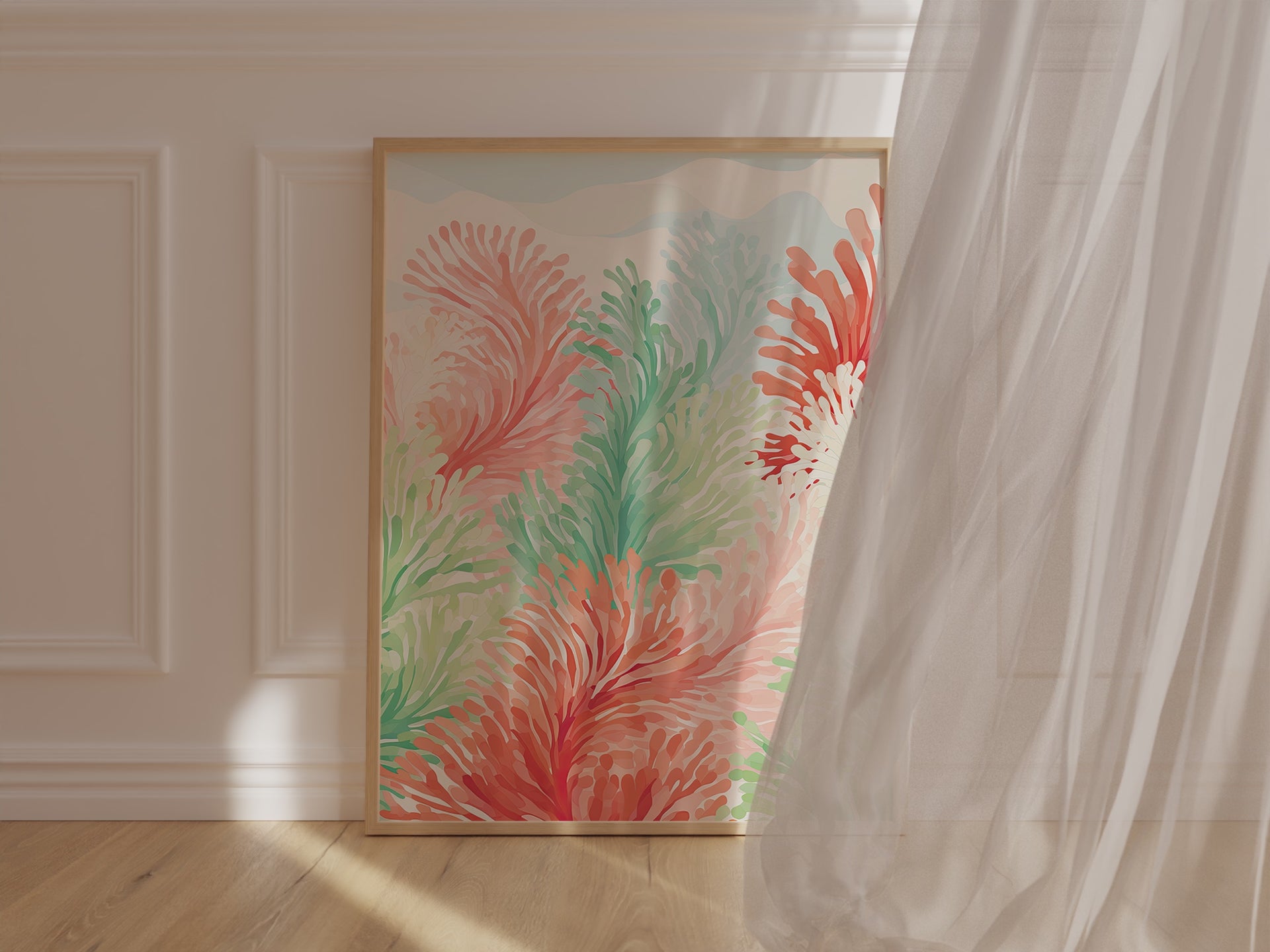 Serene Ocean Ferns art print featuring abstract coral and sea green design, perfect for bohemian wall decor.