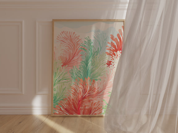 Serene Ocean Ferns art print featuring abstract coral and sea green design, perfect for bohemian wall decor.