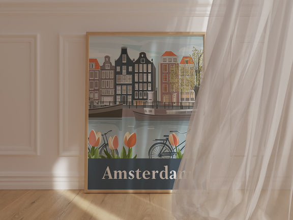 Vintage Amsterdam art print showcasing canals, bicycles, tulips, and iconic Dutch architecture.