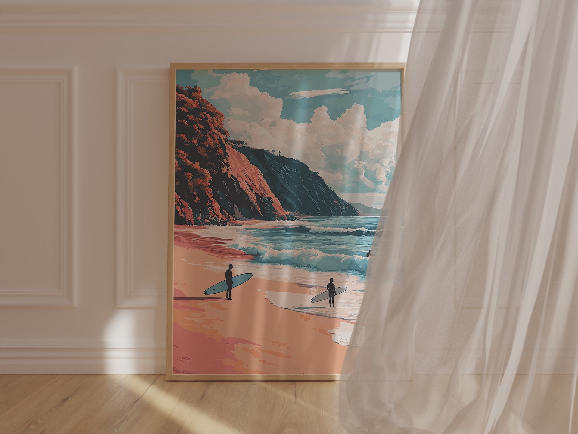 Malibu Surf wall art print featuring surfers on the beach with cliffs and ocean waves, capturing California's vibrant pop art.