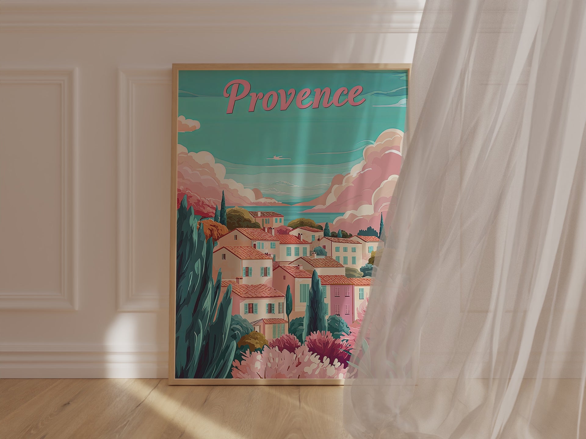Provence countryside travel poster featuring vibrant pastel homes and lush greenery in a serene landscape.