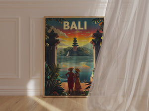 Vintage travel poster of Bali with temple, sunset, and couple by tranquil waters, ideal for wall art and decor.