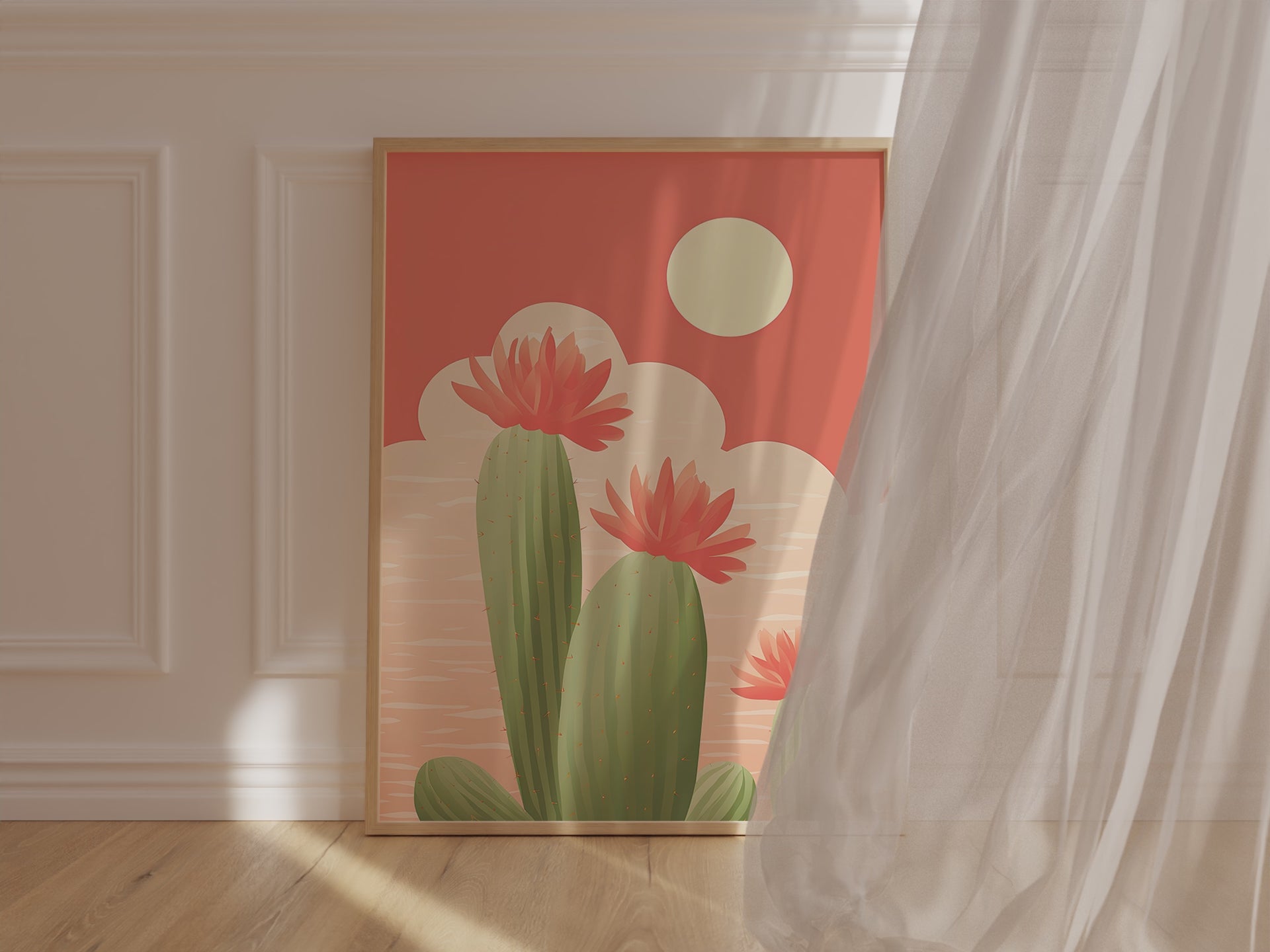 Boho Desert Beauty wall art print featuring blooming cactus flowers and soft pastel desert colors.