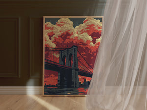 Brooklyn Bridge sunset wall art print featuring fiery clouds, vibrant colors, and reflective water in Pop Art style.