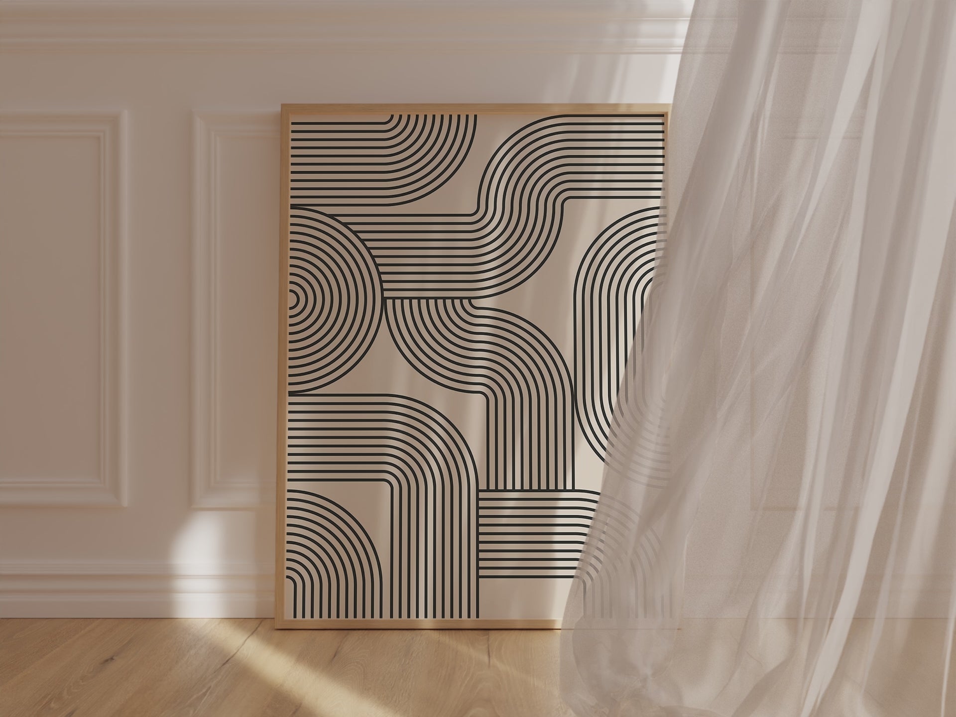 Curved Network Bauhaus art print featuring abstract black monolines on a soft neutral background.
