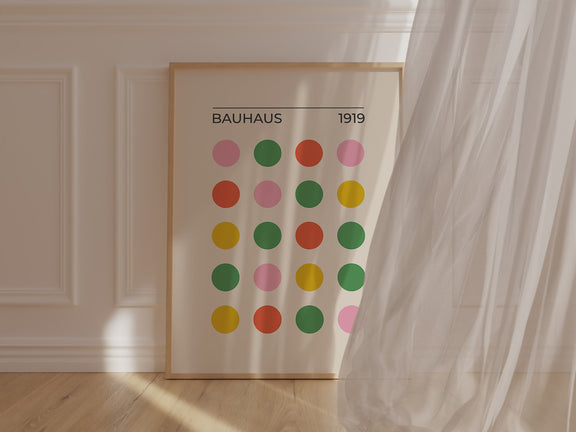 Bauhaus Color Dot Matrix art print featuring vibrant circles in blush pink, mustard yellow, forest green, and bold orange.