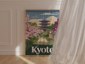 Vintage travel poster of Kyoto featuring cherry blossoms, a pagoda, and mountains.