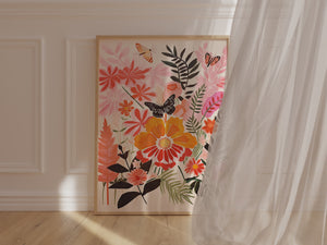 Bohemian art print featuring vibrant flowers and butterflies, ideal for modern wall decor in a boho style.