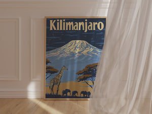 Vintage travel poster featuring Kilimanjaro with a giraffe and elephants under acacia trees, showcasing African landscapes.