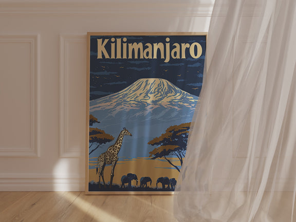 Vintage travel poster featuring Kilimanjaro with a giraffe and elephants under acacia trees, showcasing African landscapes.