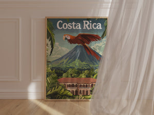 Vintage travel poster of Costa Rica featuring a scarlet macaw, lush landscape, and a Spanish-style house near a mountain.