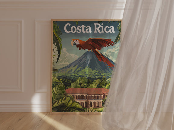 Vintage travel poster of Costa Rica featuring a scarlet macaw, lush landscape, and a Spanish-style house near a mountain.