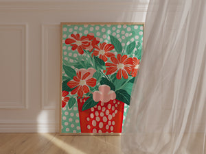 Vibrant Playful Polka Bloom wall art print with red flowers in a polka dot vase against a teal background, perfect for Bohemian decor.