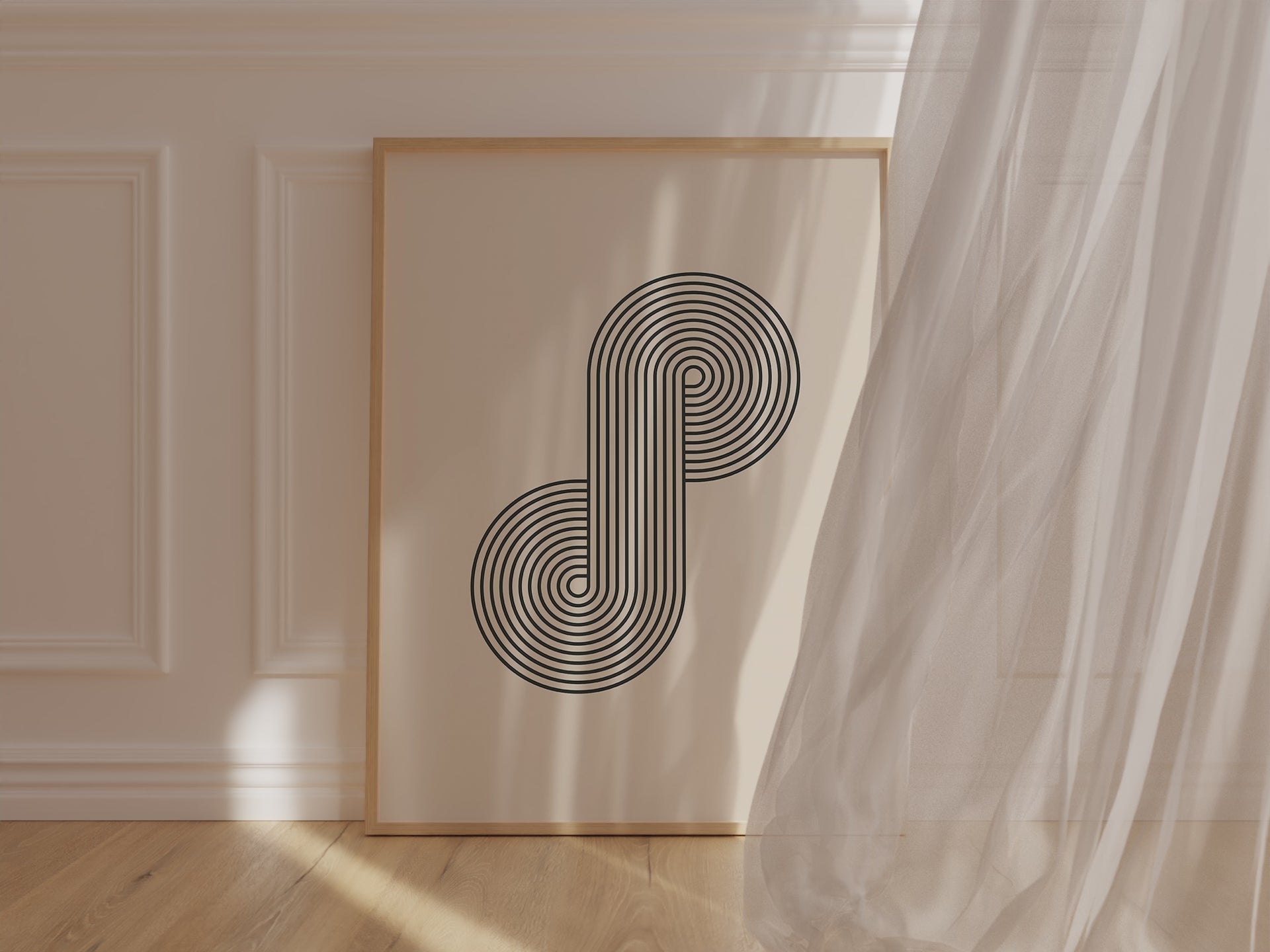 Bauhaus-inspired wall art print 'Infinity Loop' with black concentric lines creating a geometric design.