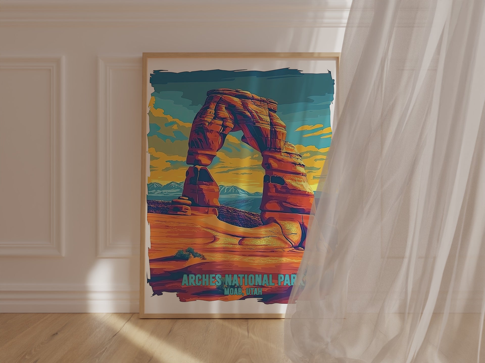 Vibrant pop art print of Delicate Arch, Arches National Park, Utah at sunset, showcasing a colorful desert landscape.