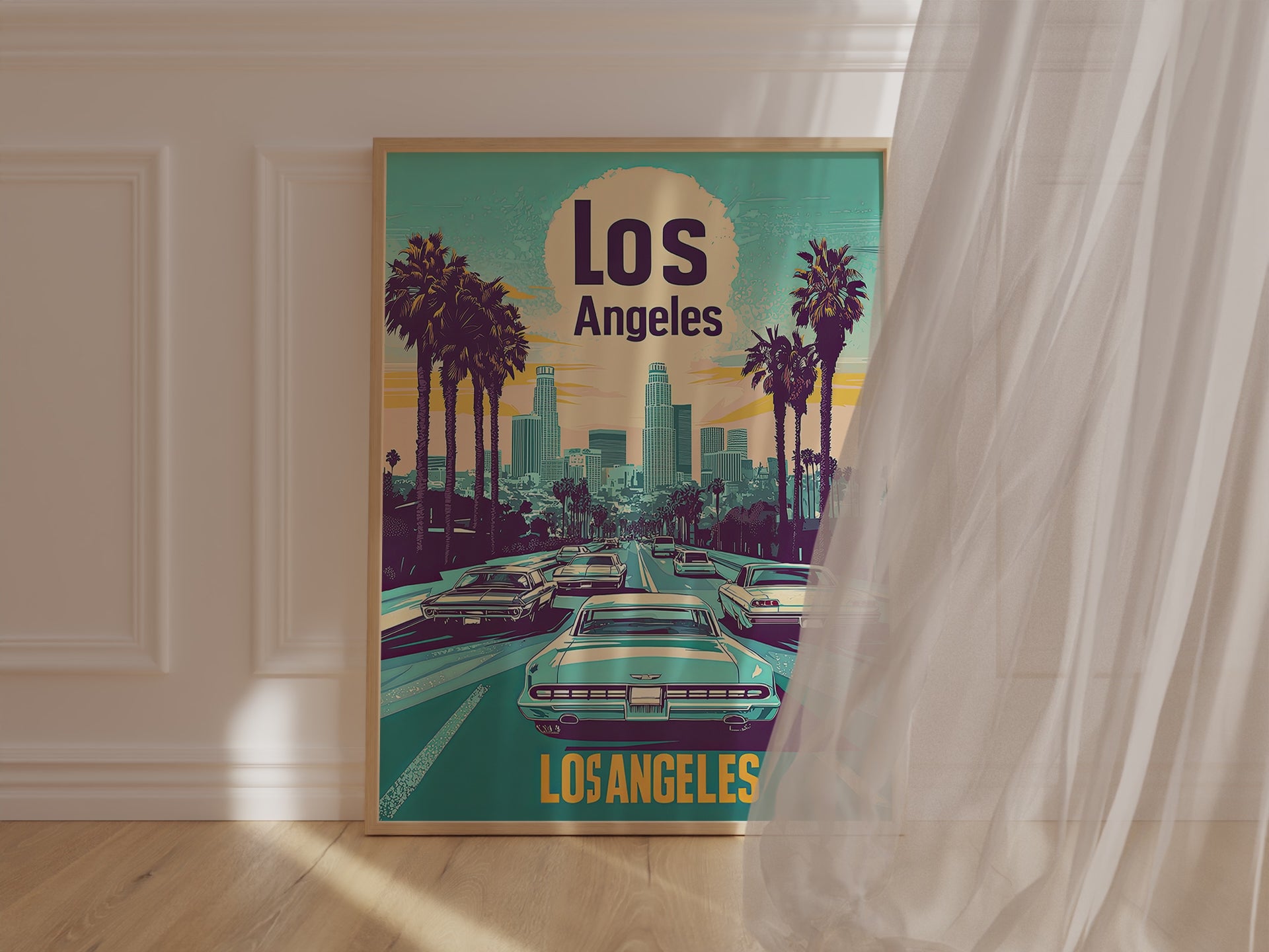 Retro Los Angeles skyline travel poster featuring palm trees, vintage cars, and cityscape in vibrant colors.