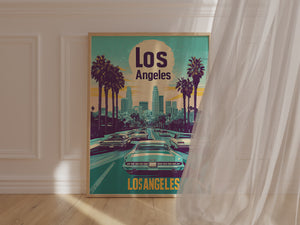 Retro Los Angeles skyline travel poster featuring palm trees, vintage cars, and cityscape in vibrant colors.