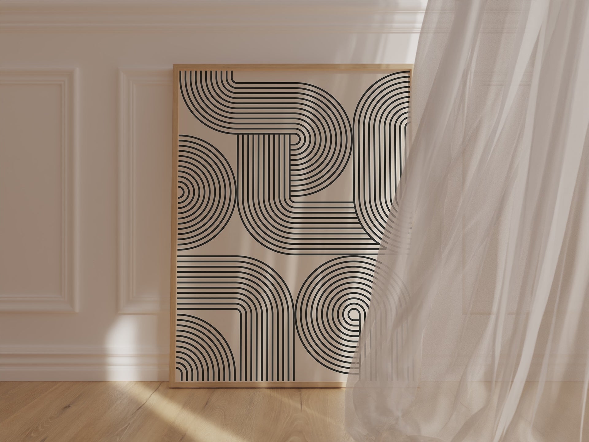 Monoline Motion art print featuring black lines on cream background, inspired by Bauhaus design, perfect for modern wall decor.