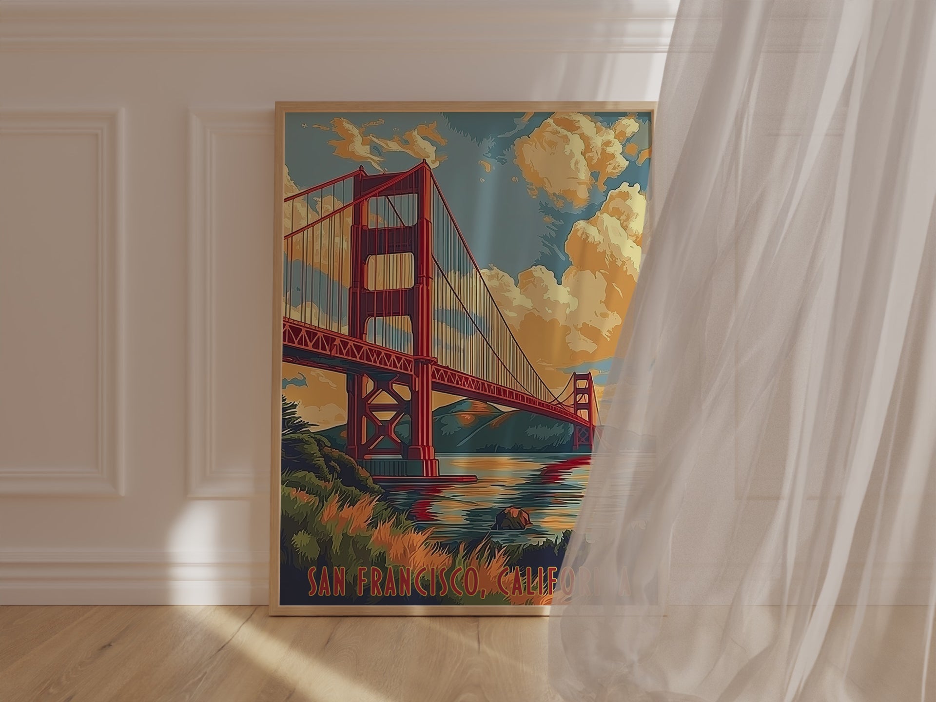 Art print of the Golden Gate Bridge in San Francisco at sunset, featuring bold colors and vintage travel poster style.