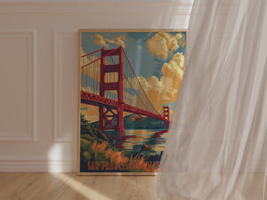 Art print of the Golden Gate Bridge in San Francisco at sunset, featuring bold colors and vintage travel poster style.