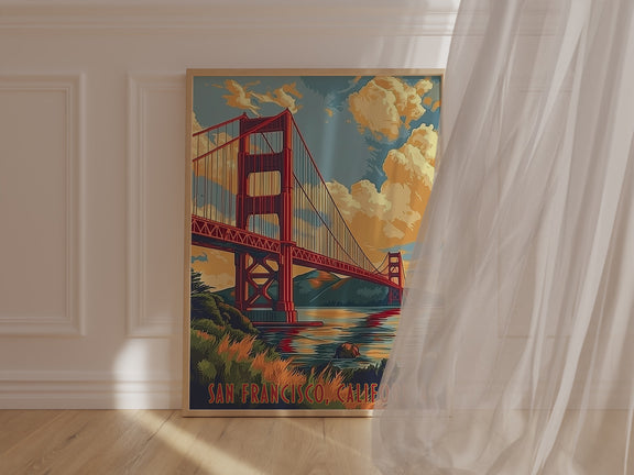 Art print of the Golden Gate Bridge in San Francisco at sunset, featuring bold colors and vintage travel poster style.