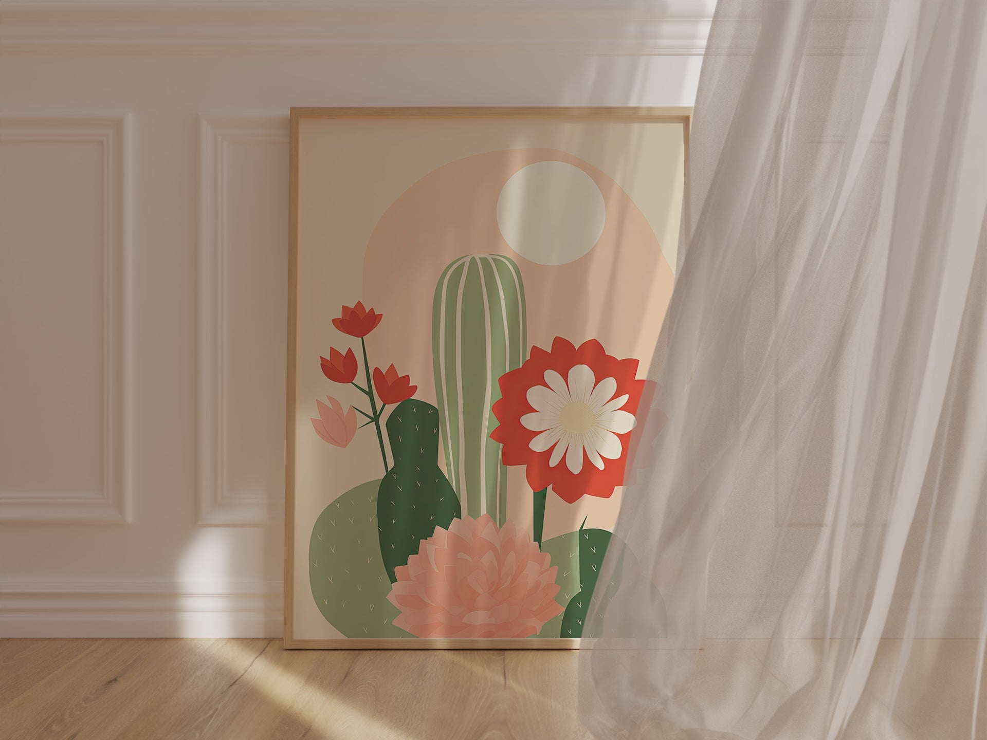 Blooming Boho Oasis wall art print featuring cacti and flowers in warm colors for modern bohemian decor.